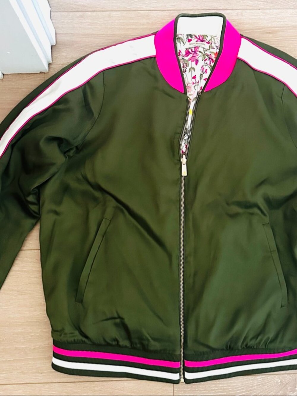 Scotch & Soda Bomber Jacket Olive Green Striped Trim Floral Lining L